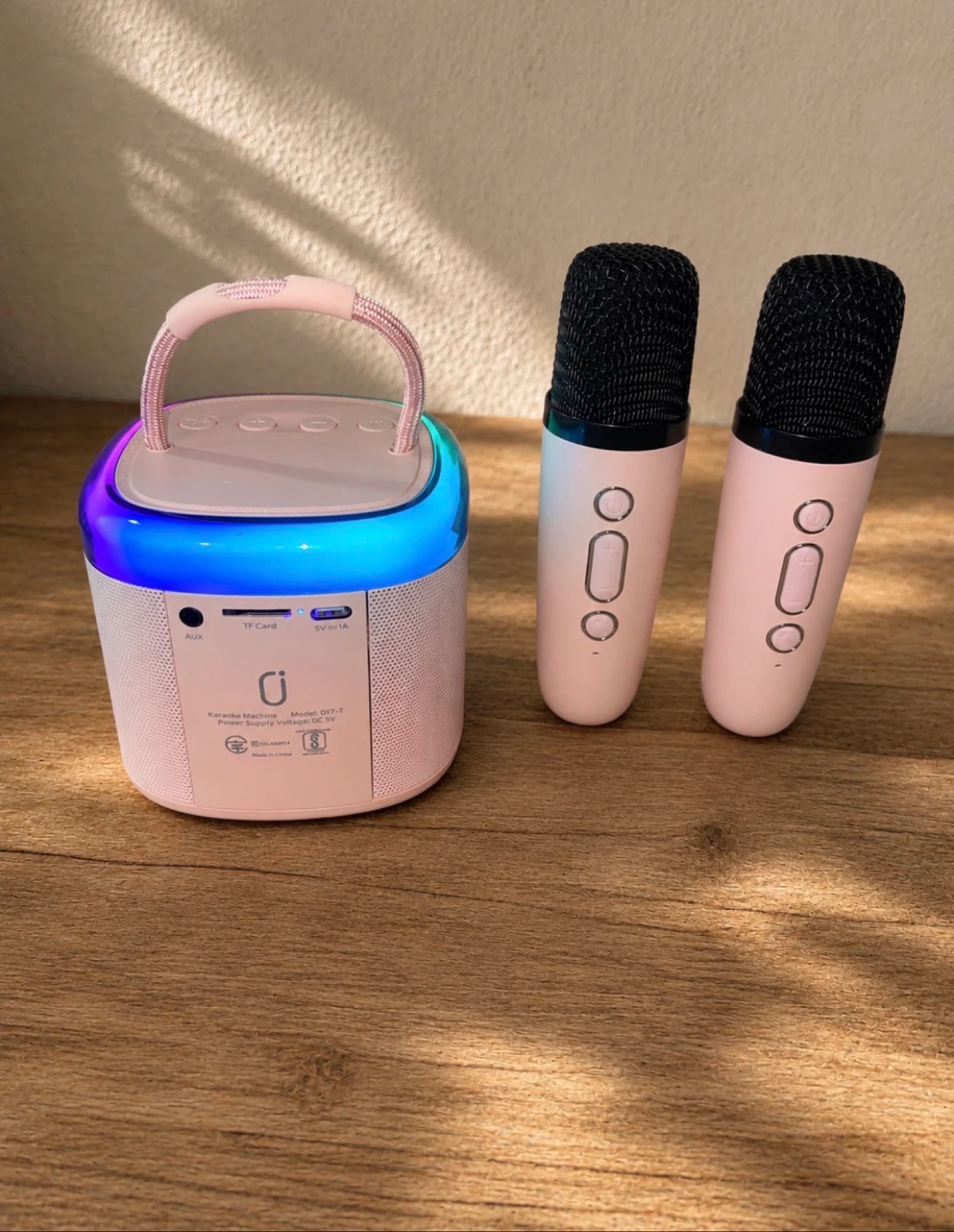 Portable Mini Bluetooth Karaoke with 2 Wireless Microphones and RGB LED Lights (Model D17-T) - Pink – photo 2